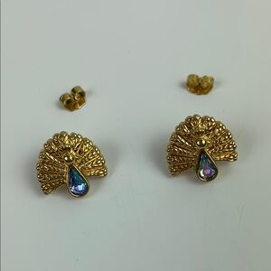 Vintage Costume Jewelry Gold Peacock Earrings with Iridescent Teardrop